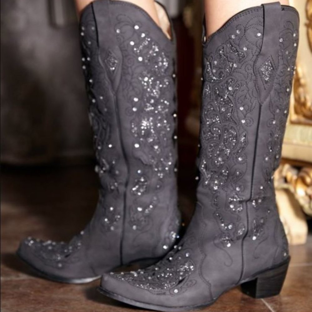 Black Glitter-Inlay Cowboy Boot